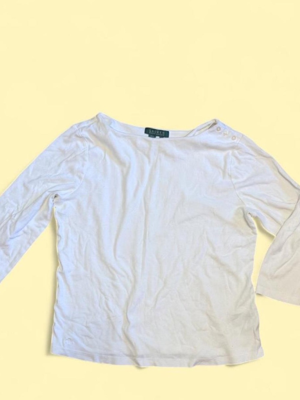 Lauren Ralph Lauren White Boatneck Button-Shoulder Top 3/4 sleeve cotton size L